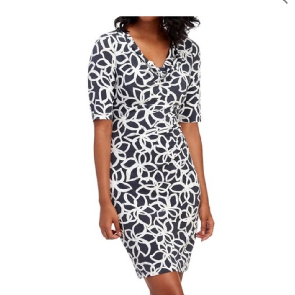 Anne Klein Draped Neck Side Ruched Sketch Floral Grey & Cream Sheath Dress | 6